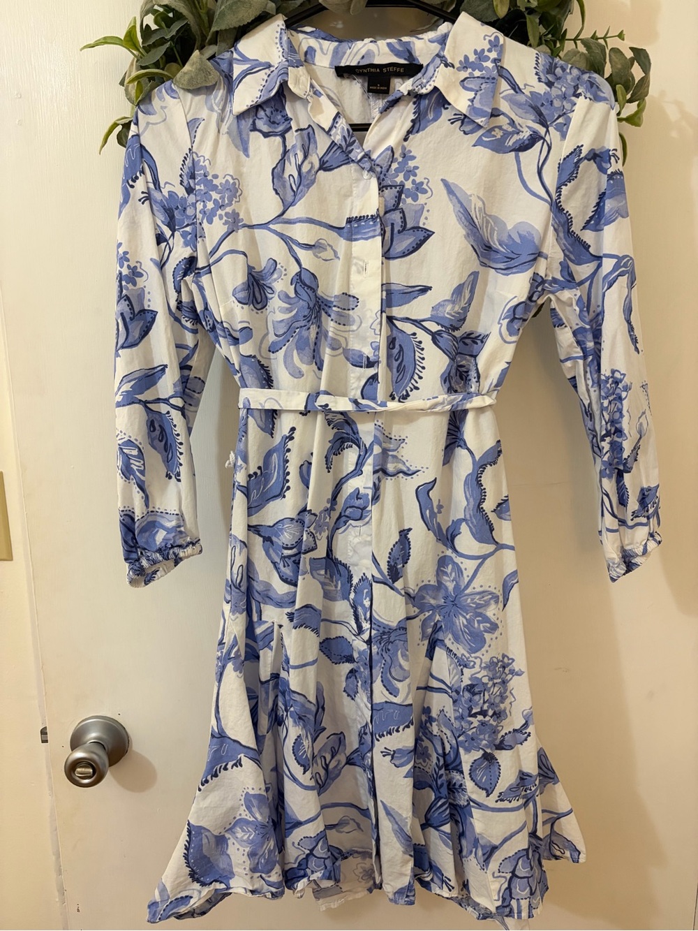Cynthia Steffe Blue and White Floral Tie-Waist Shirt Dress